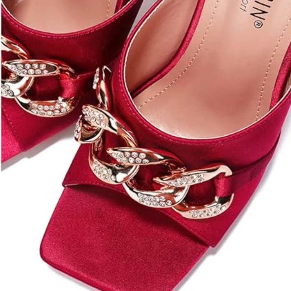 Red Chain-Embellished High Heel Mule